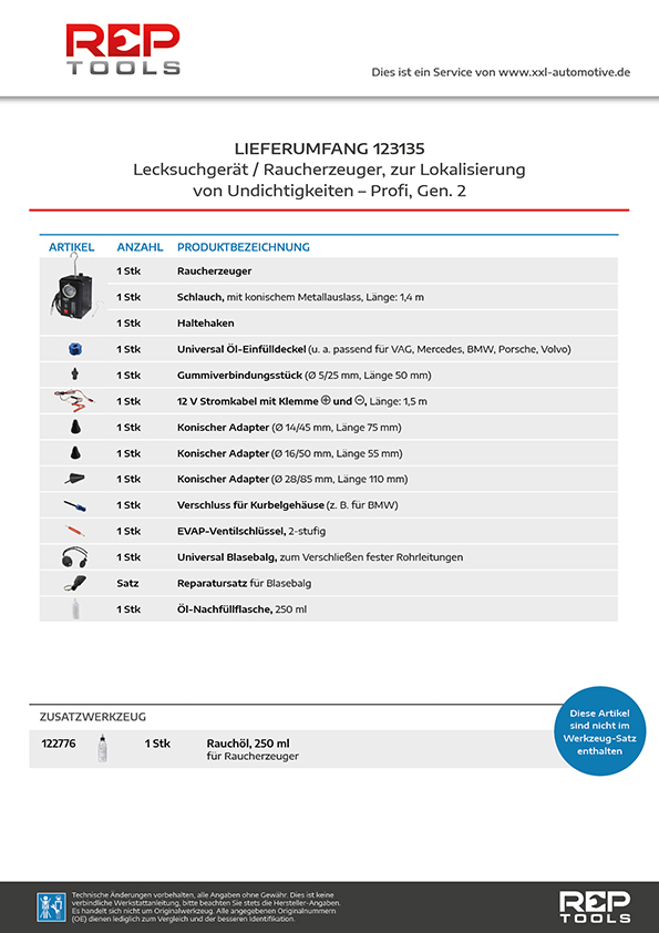 Lieferumfang Lecksuchgerät, Raucherzeuger zur Lokalisierung von Undichtigkeiten - Profi