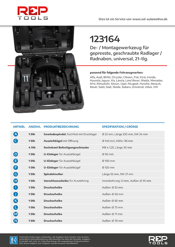 Produktinformationen Werkzeugsatz für gepresste, geschraubte radlager und Radnaben, universal