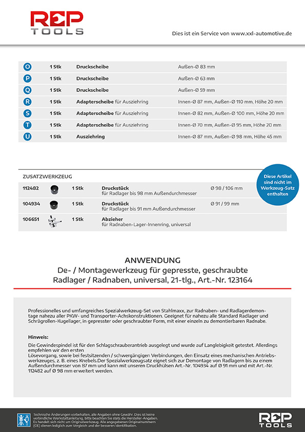 Werkzeugsatz für gepresste, geschraubte radlager und Radnaben, universal