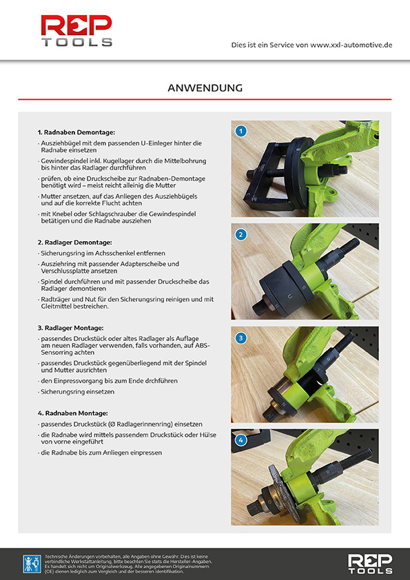 Anwendung Werkzeugsatz für gepresste, geschraubte radlager und Radnaben, universal