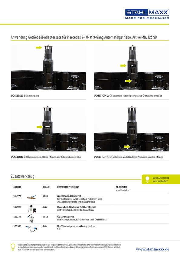 Anwendung und Zusatzwerkzeug Getriebeöl-Adaptersatz für Mercedes 7- und 9-Gang Automatikgetriebe