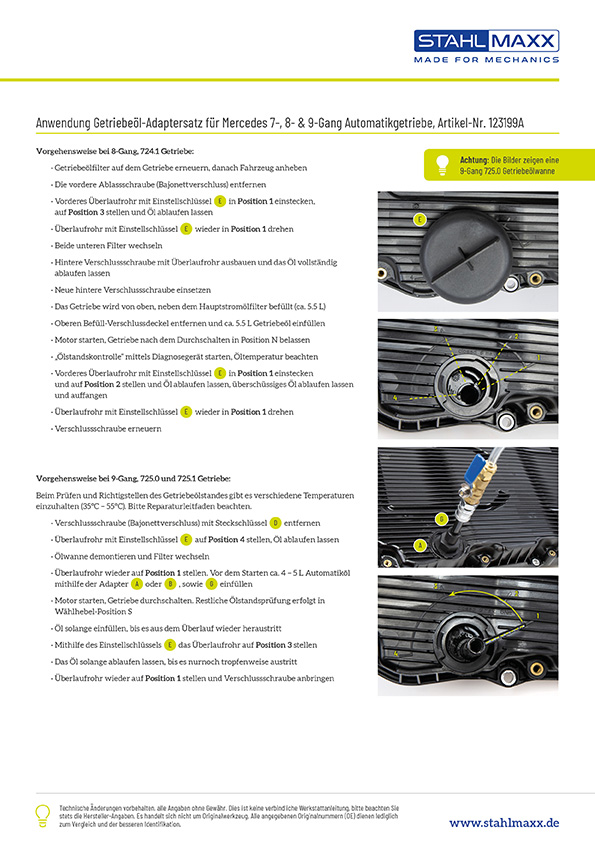 Anwendung Getriebe&ouml;l-Adaptersatz f&uuml;r Mercedes 7- und 9-Gang Automatikgetriebe