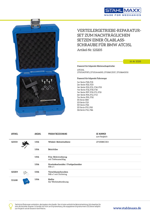 Verteilergetriebe-Reparatur-Set zum nachtr&auml;glichen Setzen einer &Ouml;lablassschraube f&uuml;r BMW ATC35L