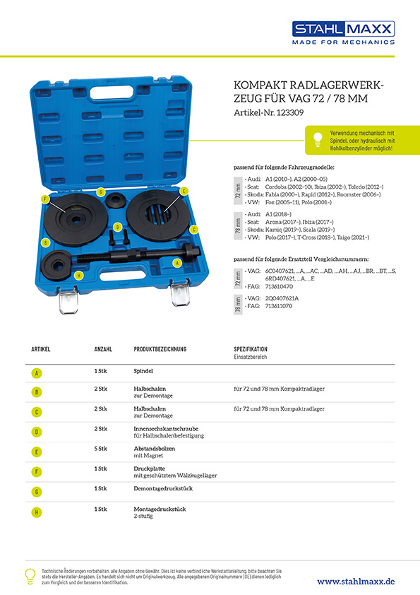 Kompakt Radlagerwerkzeug für VAG 72 & 78 mm