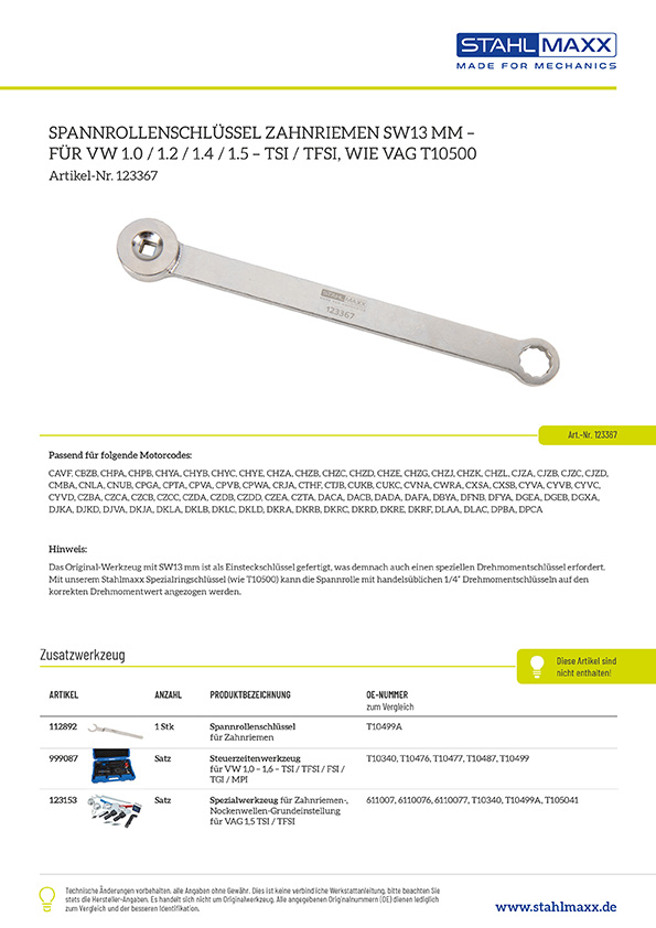 Spannrollenschlüssel Zahnriemen, SW13 mm, für VW 1.0, 1.2, 1.4, 1.5 TSI, TFSI, wie VAG T10500
