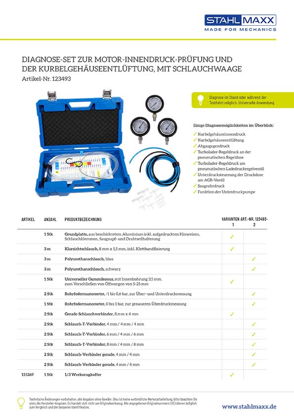 Diagnose-Set für Turbolader, Kurbelgehäuseentlüftung, Partikelfilter, mit Manometer & Schlauchwaage