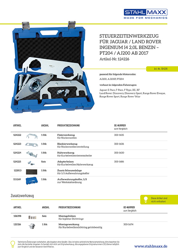 Steuerzeitenwerkzeug für Jaguar, Land Rover Ingenium I4 2,0L Benzin, PT204 / AJ200, ab 2017