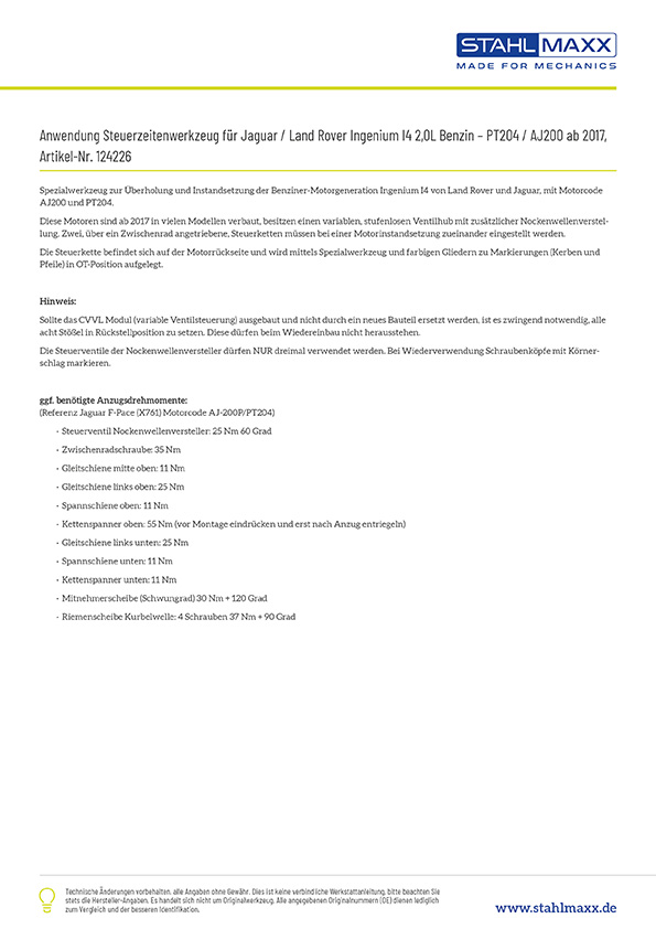 Anwendung Steuerzeitenwerkzeug für Jaguar, Land Rover Ingenium I4 2,0L Benzin, PT204 / AJ200, ab 2017