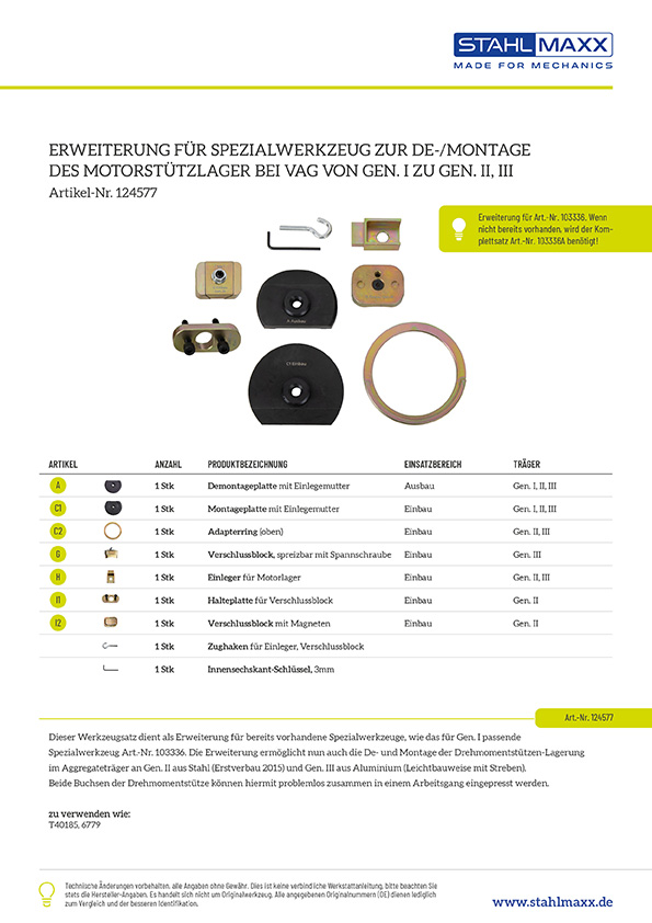 Erweiterung Abziehwerkzeug Motorstützlager Aggregateträger VAG von Gen. 1 zu Gen. 2 & 3