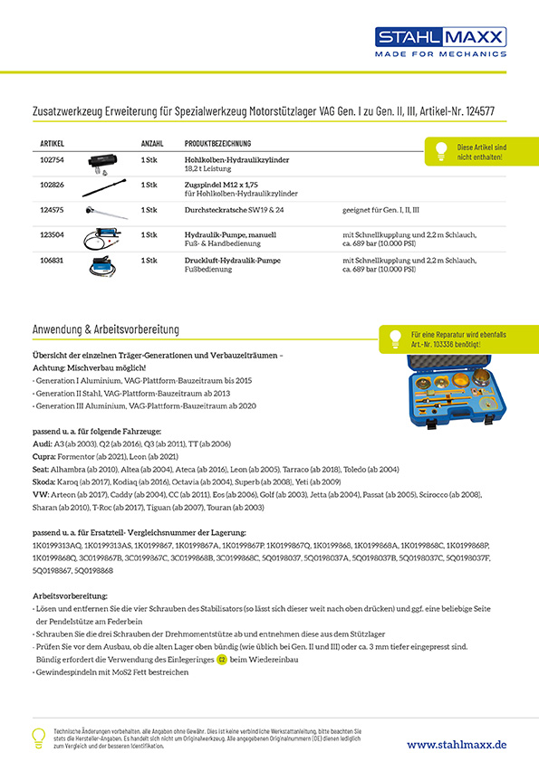 Zusatzwerkzeug & Anleitung Abziehwerkzeug Motorstützlager Aggregateträger VAG von Gen. 1 zu Gen. 2 & 3