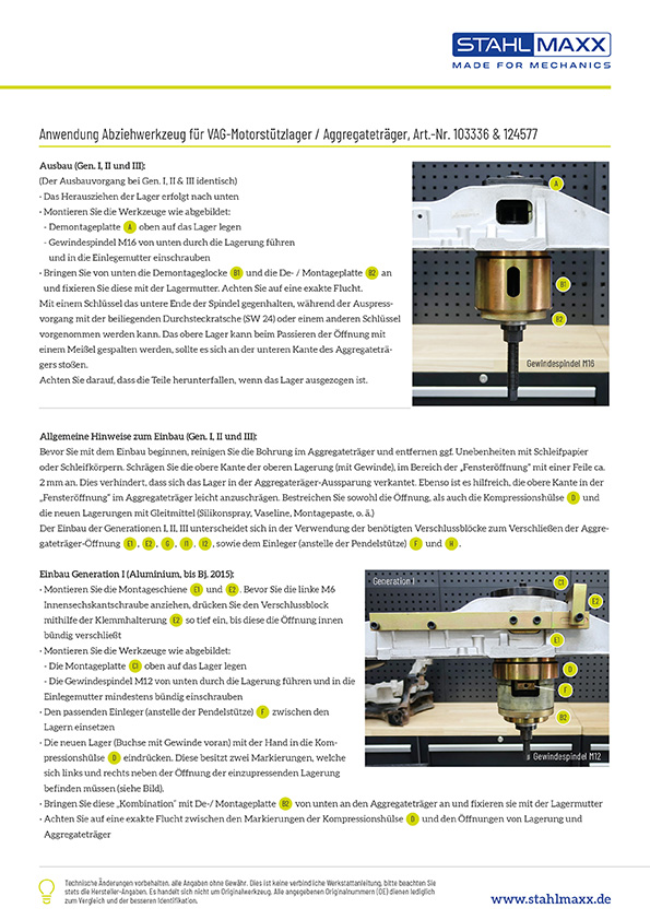Anleitung Abziehwerkzeug Motorstützlager Aggregateträger VAG von Gen. 1 zu Gen. 2 & 3