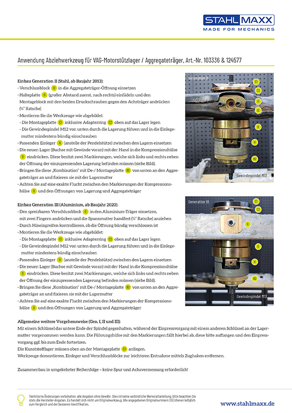 Anleitung Abziehwerkzeug Motorstützlager Aggregateträger VAG von Gen. 1 zu Gen. 2 & 3
