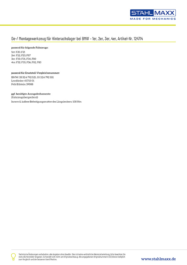 De-/Montagewerkzeug Hinterachslager f&uuml;r BMW 1er, 2er, 3er, 4er, wie 2240471, 2240472, 2240466