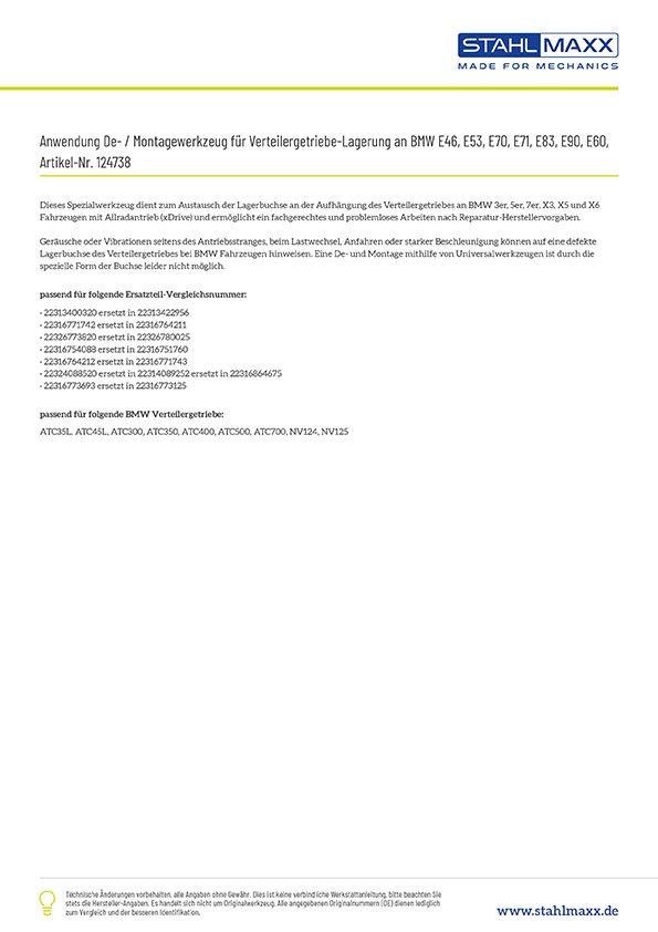 Anwendung De- / Montagewerkzeug f&uuml;r Verteilergetriebe an BMW E46, E53, E70, E71, E83, E90, E60