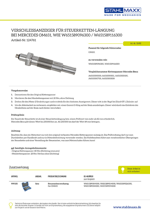 Verschleißanzeiger, Steuerkettenlängung, für Mercedes OM651, wie W651589096300, W651589116300