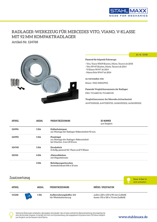 Radlagerwerkzeug f&uuml;r Mercedes Vito, Viano, V-Klasse mit 92 mm Kompaktradlager