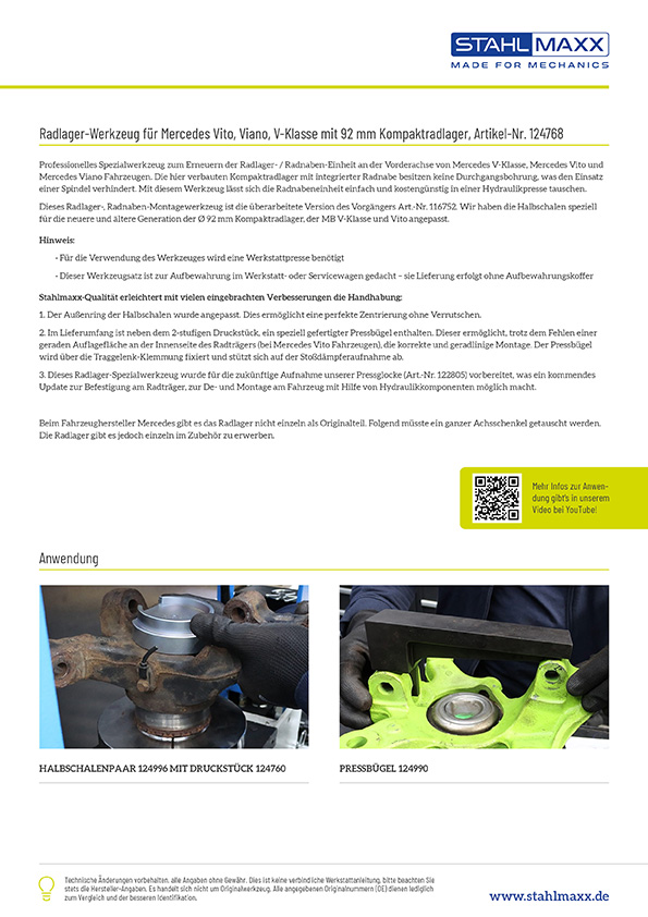 Anwendung Radlagerwerkzeug f&uuml;r Mercedes Vito, Viano, V-Klasse mit 92 mm Kompaktradlager