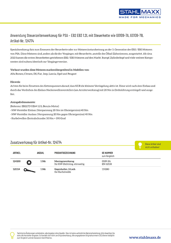 Anwendung Steuerketten Steuerzeitenwerkzeug PSA EB2 EB3 1.2L, wie G0109-7A, G0109-7BTBI