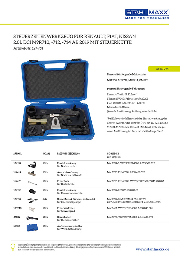 Steuerzeitenwerkzeug f&uuml;r Renault, Fiat, Nissan 2.0L DCI M9R710, -712, -714 ab 2019 mit Steuerkette