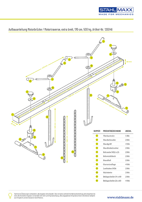 Aufbauanleitung Motorbr&uuml;cke 170 cm, 500 kg