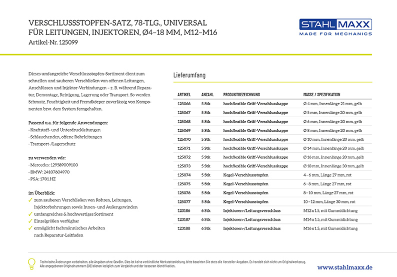 Verschlussstopfen-Satz, 78-tlg., universal für Leitungen, Injektoren, Ø4–18 mm, M12–M16