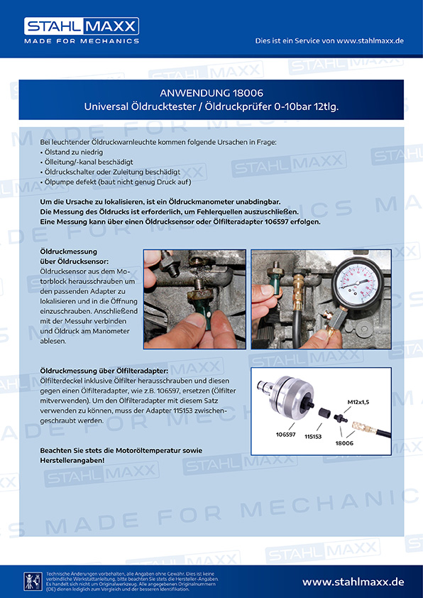 Anwendung Universal Öldrucktester / Öldruckprüfer 0-10 bar