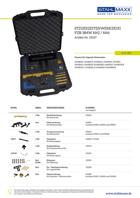 Werkzeug-Zuordnungsliste für BMW N42 N46 Steuerzeiten-Werkzeug