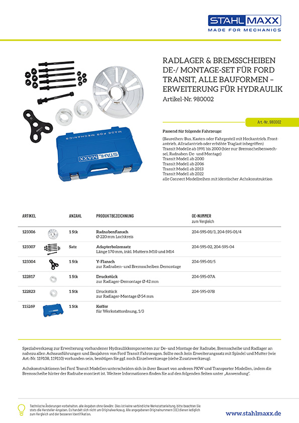 Radlager und Bremsscheiben De-/ Montageset für Ford Transit, alle Bauformen, Erweiterung für Hydraulik