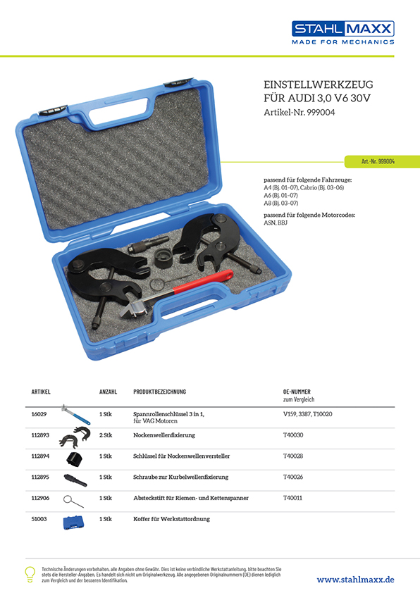 Stückliste für Einstellwerkzeug Audi 3,0 V6 30V