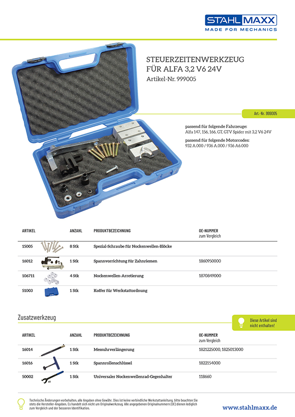 Zuordnungsliste Steuerzeiten Nockenwellen Arretierung Alfa 3,2 V6 24V