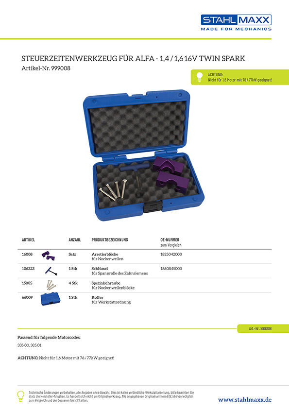 Stückliste Zahnriemen Steuerzeiten-Werkzeug Alfa 1,4 / 1,6 16V Twin Spark