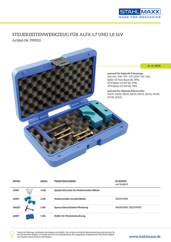 Zuordnungsliste Zahnriemen Steuerzeiten-Werkzeug Alfa 1,7 und 1,8 16V
