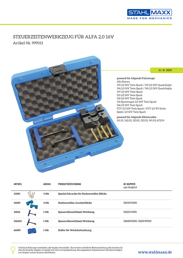 Stückliste Zahnriemen Steuerzeiten-Werkzeug Alfa 2,0 16V