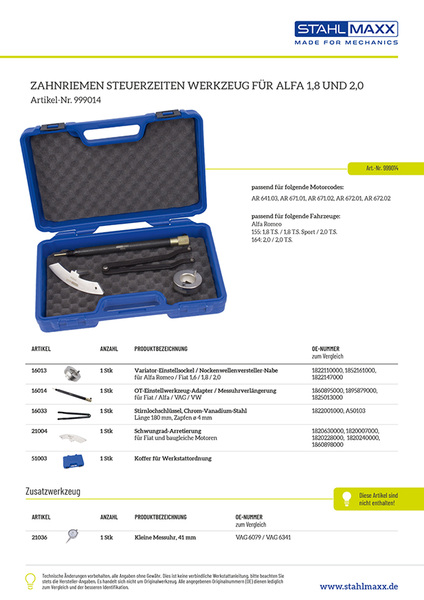 Zuordnungsliste Zahnriemen Steuerzeiten-Werkzeug Alfa 1,8 und 2,0