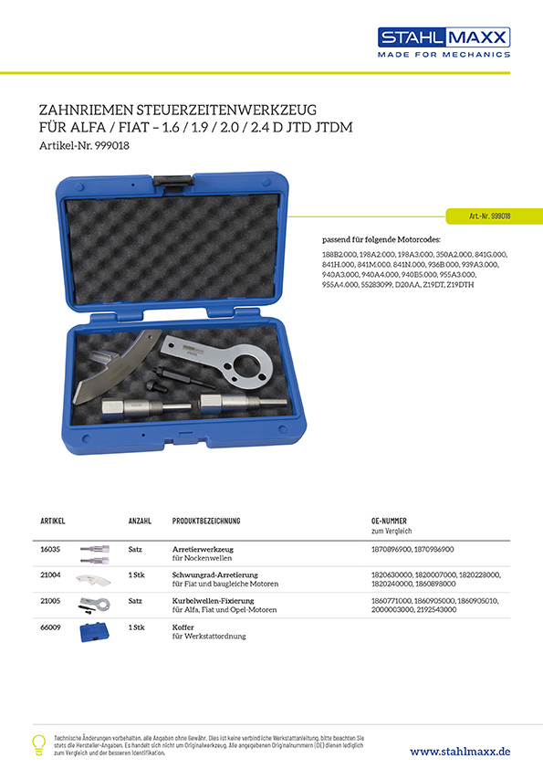 Zuordnungsliste Zahnriemen Steuerzeiten-Werkzeug Alfa Fiat 1,6 1,9 2,0 2,4 D JTD JTDM