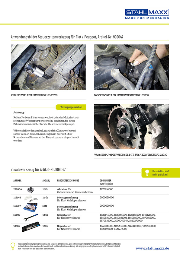 Anwendungsbeispiele und Zusatzwerkzeug Steuerzeitenwerkzeug Fiat Peugeot 110 120 130 150 Multijet 2,3 D 3,0 D