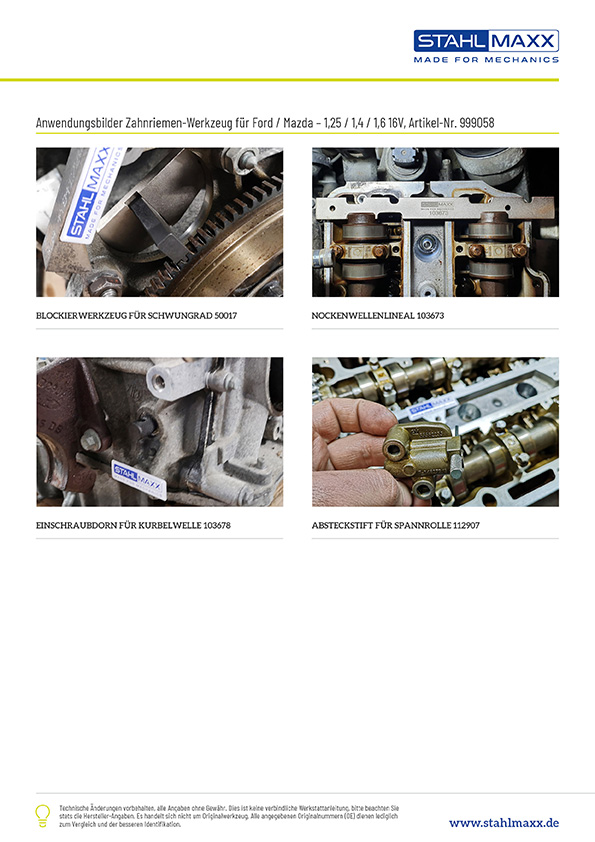 Anwendungsbilder Zahnriemen-Spezialwerkzeug Ford, Mazda 1,25 1,4 1,6 16V