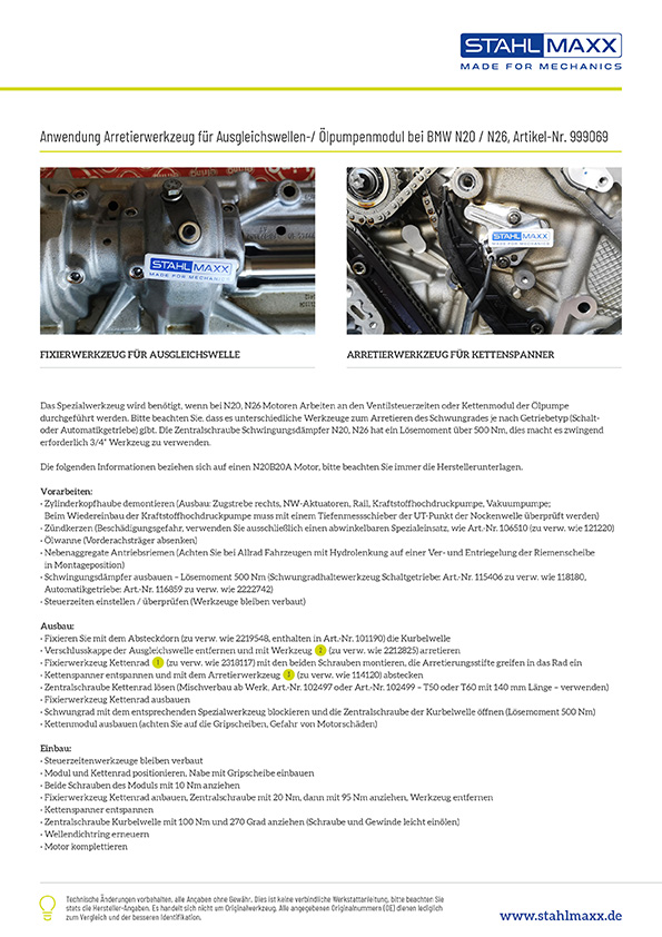 Anwendung Ausgleichswellen-/ Ölpumpenmodul Arretierwerkzeug BMW N20 N26