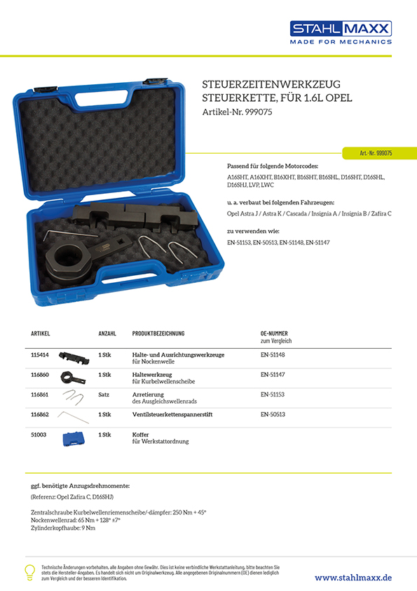 Zuordnungsliste Steuerzeiten Spezialwerkzeug Opel 1,6 SIDI Turbo SIDI, EcoFLEX