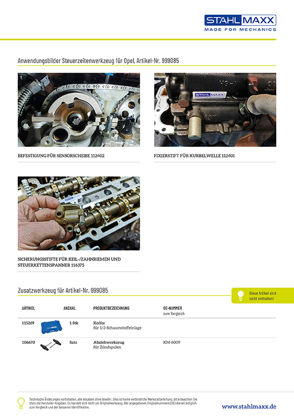 Anwendungsbilder und Zusatzwerkzeug Steuerzeitenwerkzeug für Opel