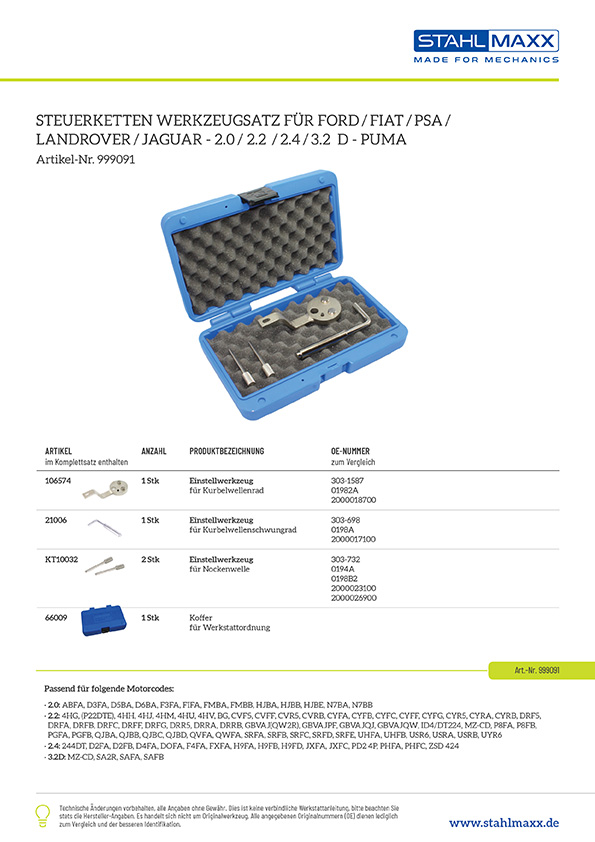 Zuordnungsliste Steuerketten-Werkzeug Ford / Fiat / PSA / Landrover / Jaguar - 2,0 / 2.2 / 2.4 / 3.2 D Puma