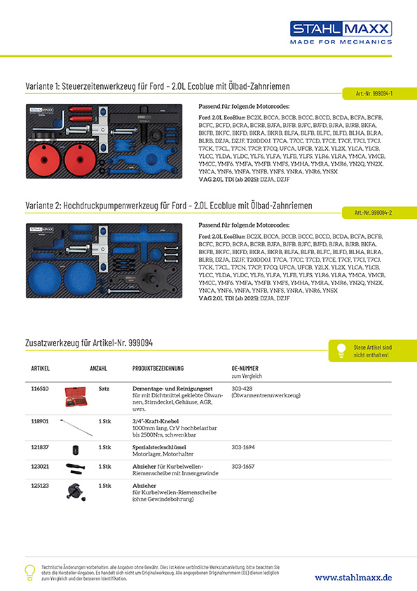 Varianten und Zusatzwerkzeug Steuerzeiten- und HD-Pumpenwerkzeug für Ford 2.0 L EcoBlue mit Ölbad-Zahnriemen