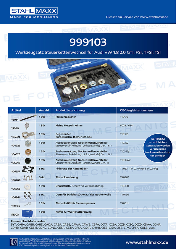 Steuerkettenwechsel-Werkzeug Audi VW 1,8 2,0 GTI FSI TFSI TSI
