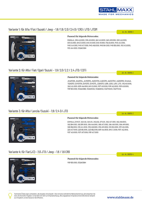 Varianten Steuerzeitenwerkzeug für Alfa, Lancia, Fiat, Opel, Suzuki