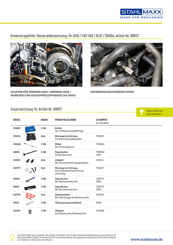 Anwendungsbilder und Zusatzwerkzeug Steuerzeitenwerkzeug für Audi, VW, Seat, Skoda