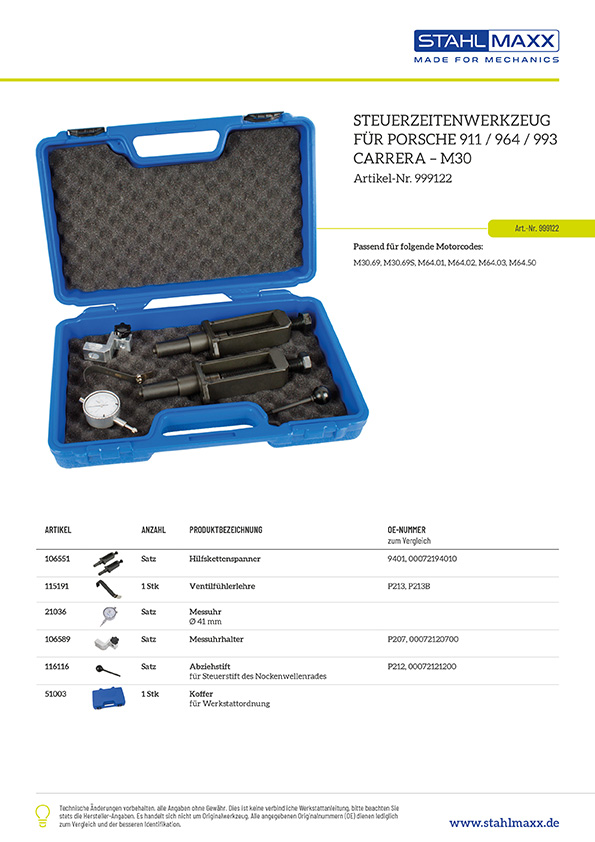 Zuordnungsliste Spezialwerkzeug Porsche 911 964 996 Carrera M30