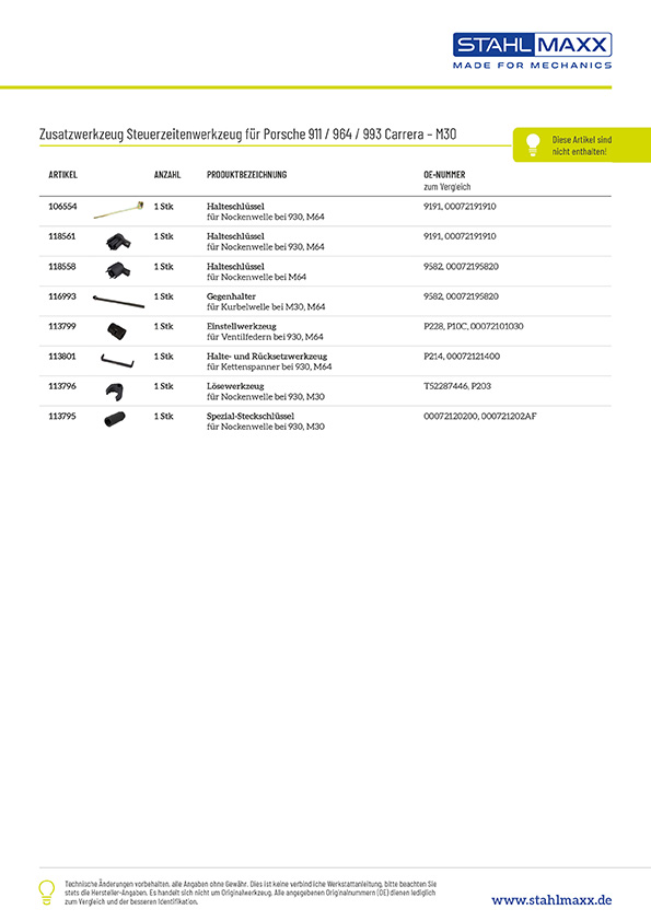 Zusatzwerkzeug Porsche 911 964 996 Carrera M30