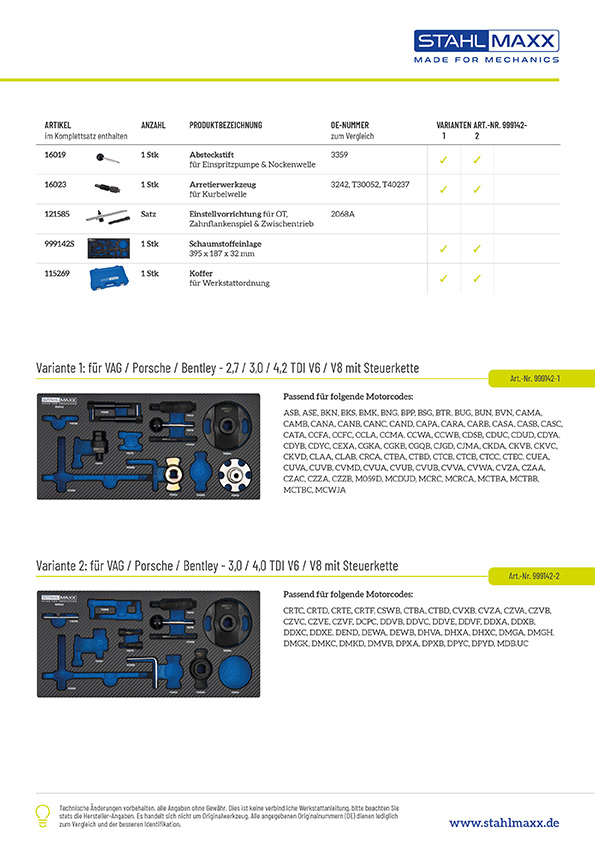 Varianten Steuerzeitenwerkzeug für VAG / Porsche / Bentley 2.7 / 3.0 / 4.0 / 4.2 L TDI V6 / V8 Diesel mit Steuerkette