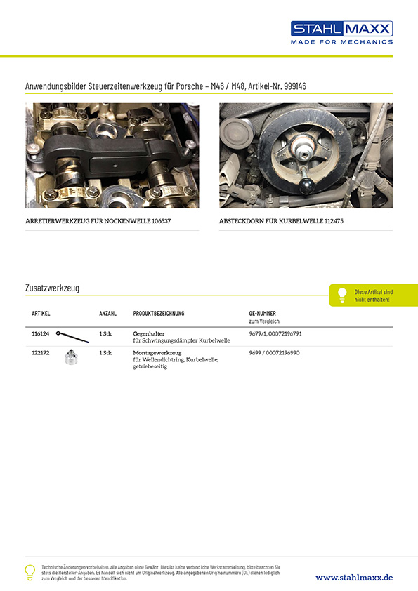 Anwendung und Zusatzwerkzeug Steuerzeitenwerkzeug für Porsche M46, M48