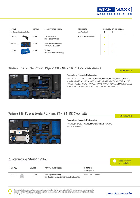 Spezialwerkzeugsatz De- & Montage IMS-Lager der Zwischenwelle & Steuerzeiten, für Porsche M96, M97